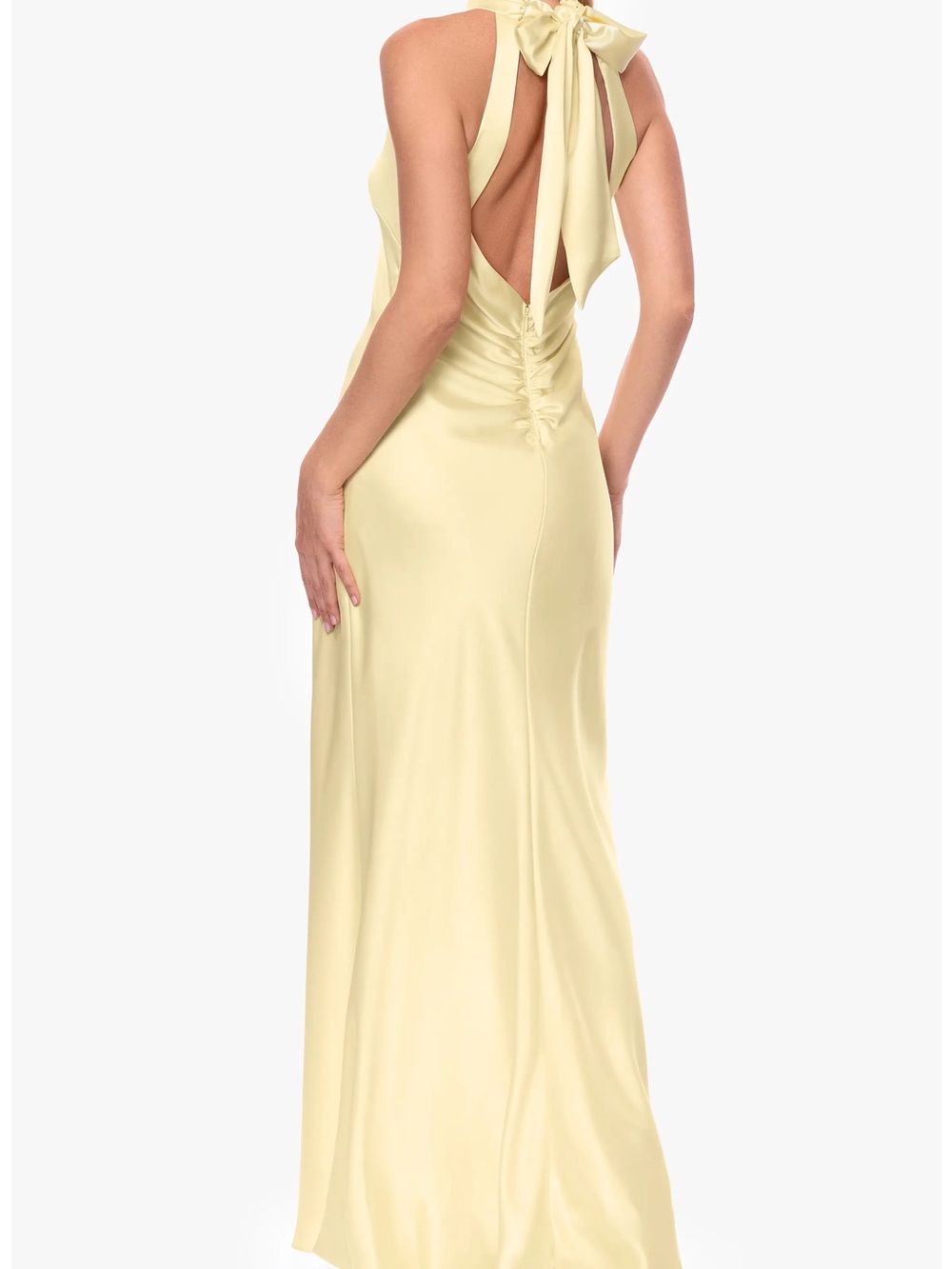 Xscape Pale Yellow Satin Halter Back-Tie Gown